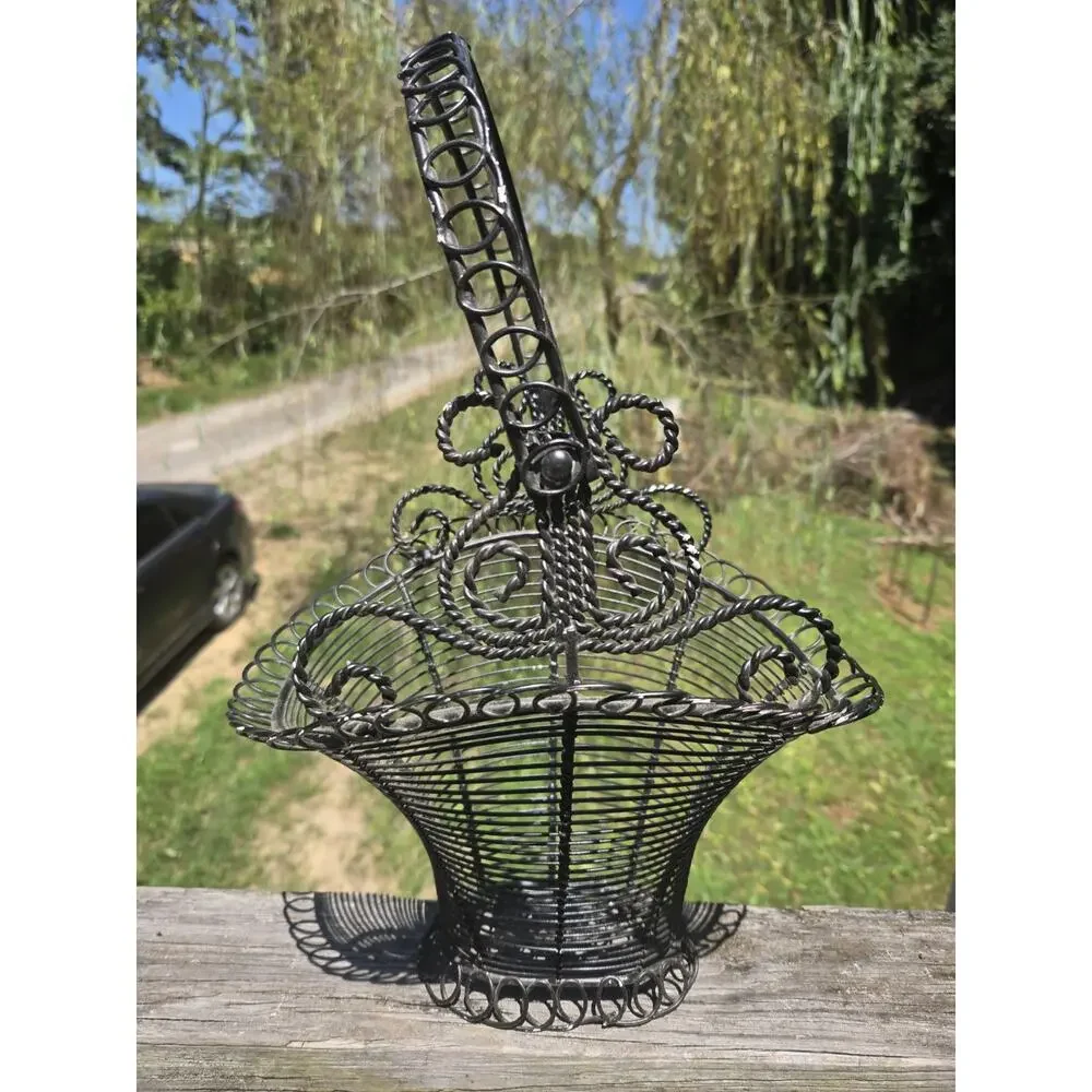 Vintage Black Wire Metal Basket Ornate Scrollwork Handle Farmhouse Decor